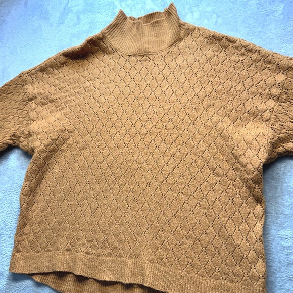 Wonderly Camel Brown Diamond Pointelle Mock Neck Lantern Sleeve Knit Sweater - Picture 3 of 13